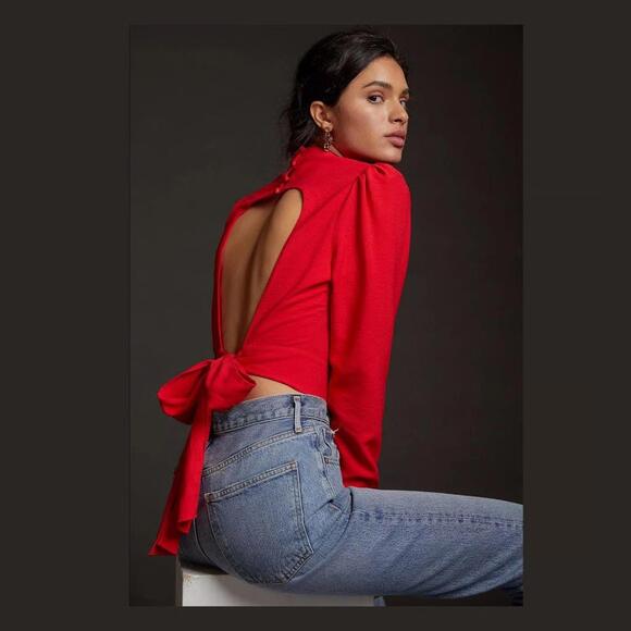 Maeve Anthropologie Red Open-Back Bow Tie Long Sleeve High Neck Blouse- Size 16 - Picture 2 of 9